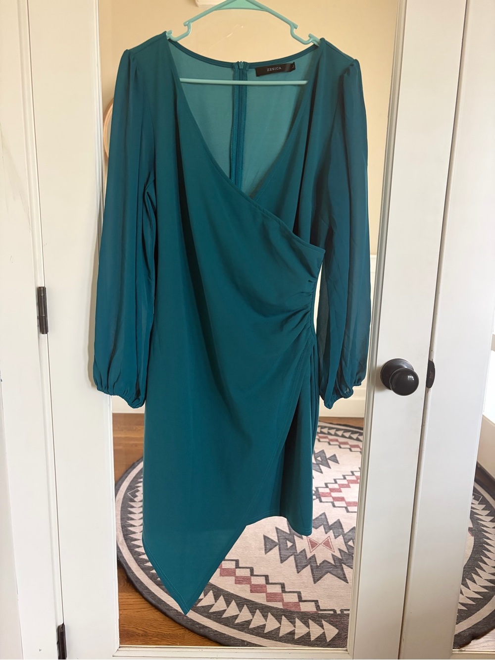 Zesica Teal Long Sleeve Faux Wrap Dress